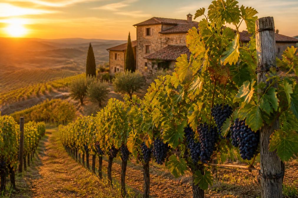 Familjegård med små vinrader på en italiensk sluttning under solnedgång, gamla stenhus i bakgrunden, gröna blad och mogna druvor synliga