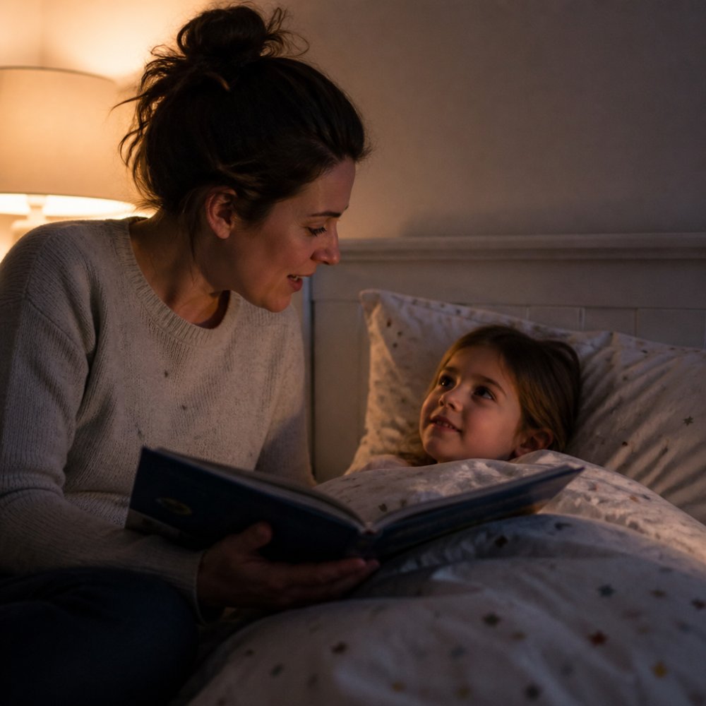 Forelder som sitter på sengen ved siden av barnet sitt i dempet lys, leser en bok eller snakker rolig mens barnet ligger under dynen og ser trygt opp på forelderen