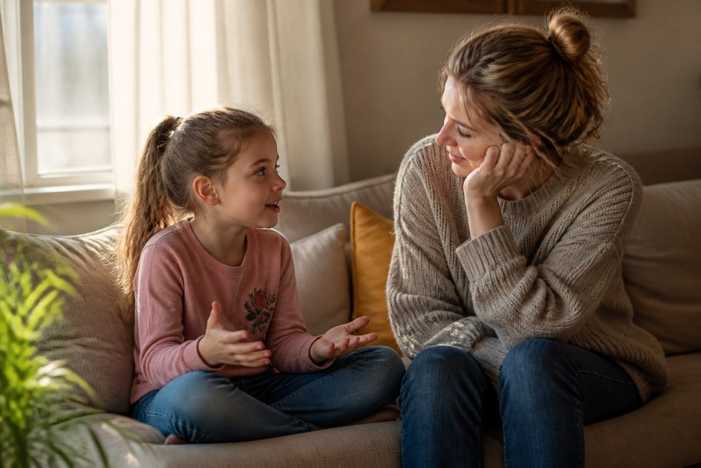 Forelder og barn sitter sammen på en sofa, barnet snakker engasjert mens forelder lytter med full oppmerksomhet, varmt lys fra vinduet, atmosfæren er intim og trygg