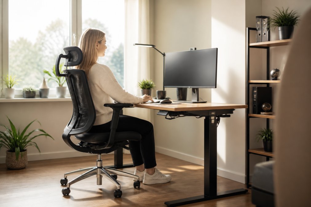 En person som sitter komfortabelt ved et høydejusterbart skrivebord med ekstern skjerm i riktig høyde, god belysning fra vinduet, og et ryddig hjemmekontor med kontorstol og tastatur på plass