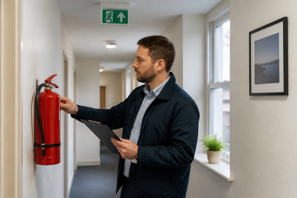 Professional landlord conducting fire safety inspection in HMO hallway, checking wall-mounted fire extinguisher and emergency exit signage with clipboard in hand, natural daylight from windows