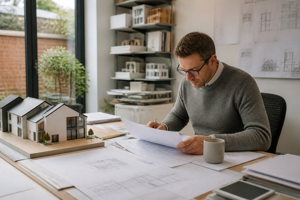 Architect or property professional reviewing planning documents and architectural drawings at a desk with a laptop, paperwork, and scale models of a residential property