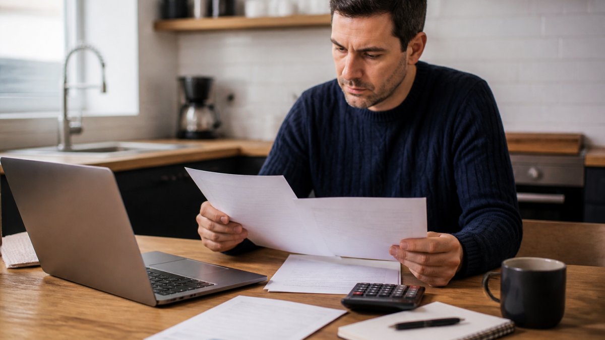 A landlord reviewing council tax documents and a laptop at a kitchen table, with a calculator and notebook nearby