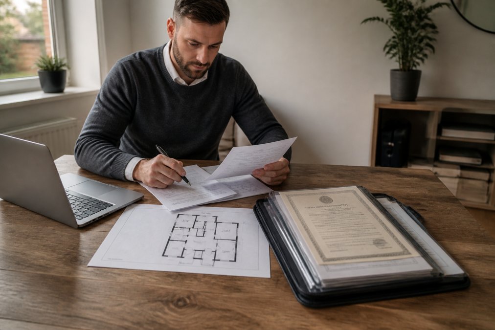 A landlord sitting at a wooden desk reviewing official documents and a laptop, pen in hand, with a neat folder of property certificates and floor plans arranged beside them under warm office lighting