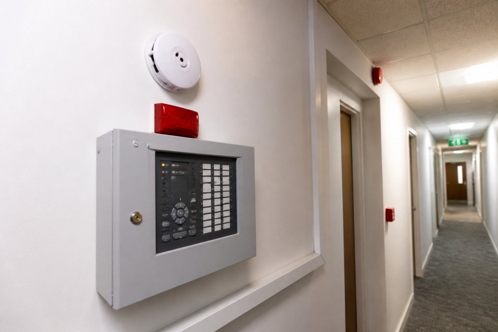 Close-up of a modern fire alarm panel and smoke detector mounted on a white painted wall in a shared residential property hallway, with a fire exit sign visible in the background under fluorescent corridor lighting