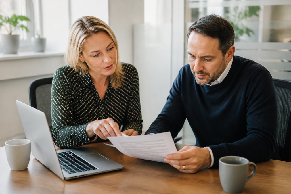 A landlord and a property manager reviewing a printed management agreement across a desk, with a laptop and coffee cups nearby, in a bright modern office