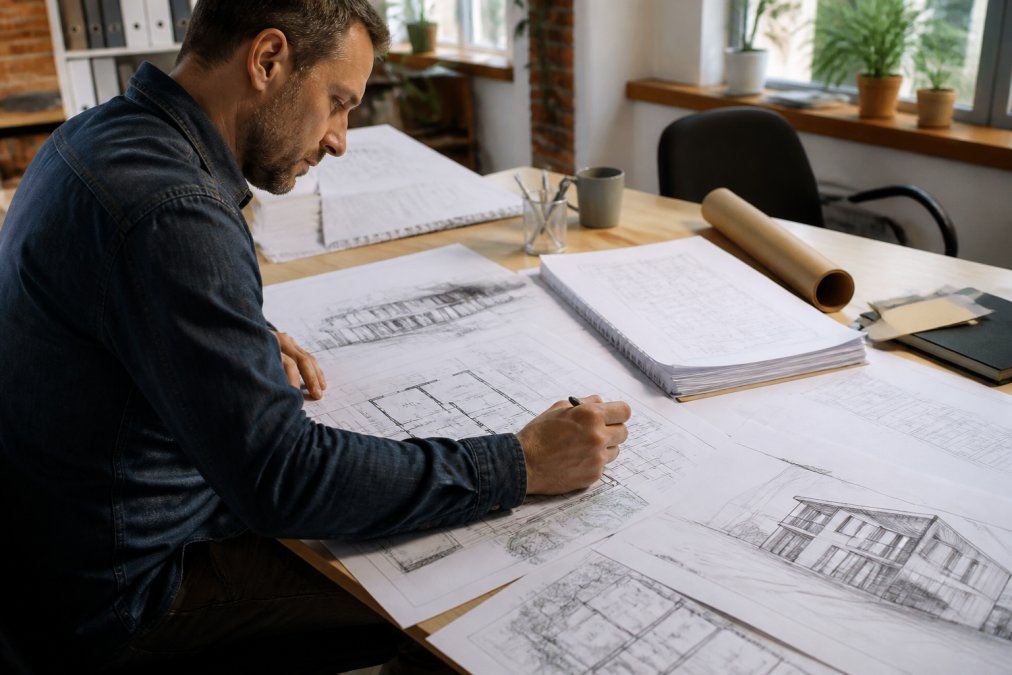 Architect reviewing HMO floor plans and design sketches at desk with planning application forms, technical drawings, and building regulations documents visible in natural office lighting