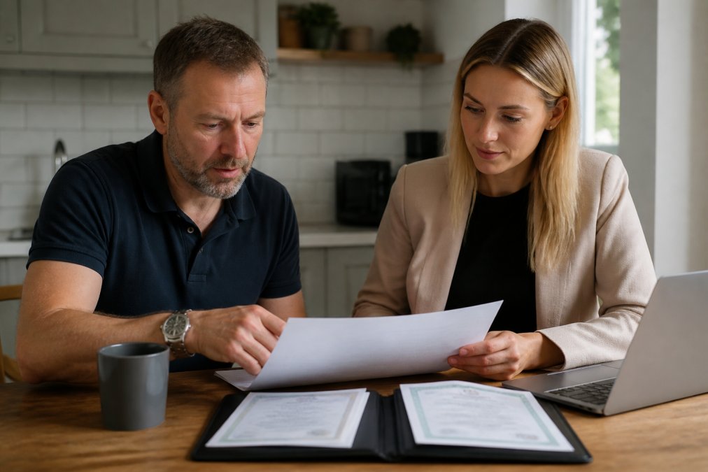 A landlord and a property compliance adviser reviewing planning and licensing documents together at a kitchen table, with a laptop open and a folder of certificates nearby