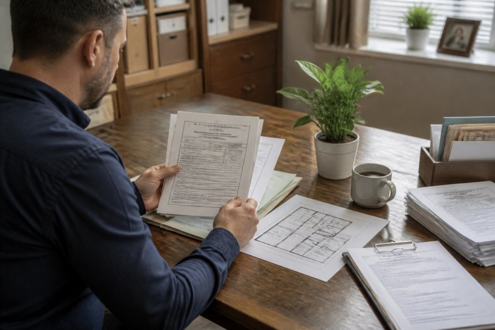 Landlord reviewing HMO licensing documents and safety certificates at a desk with property plans and tenant agreements visible, natural desk lighting