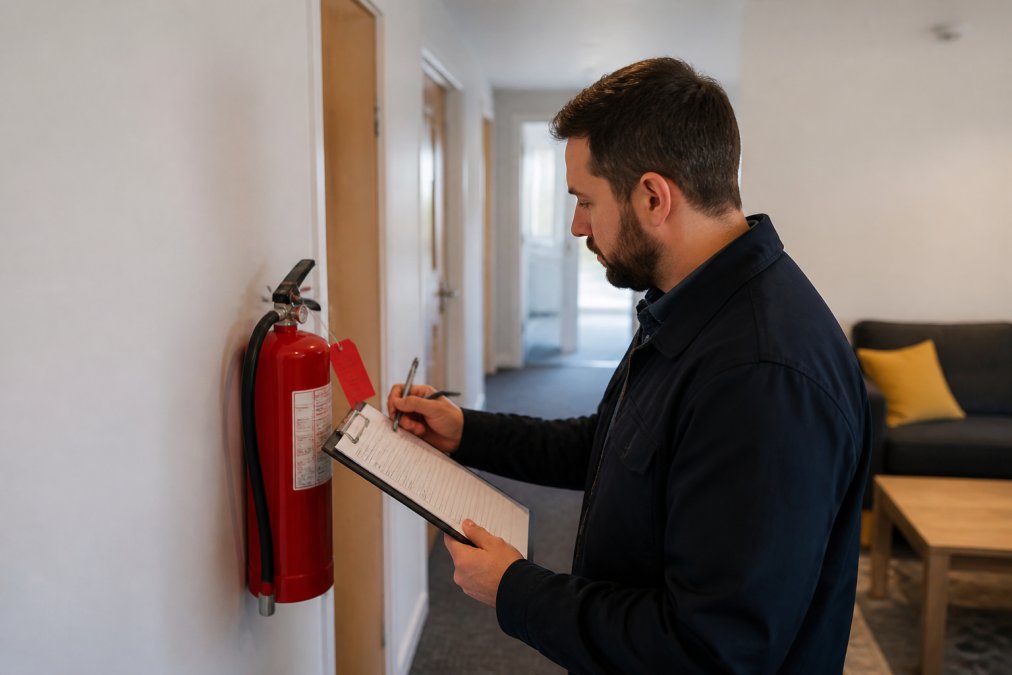 Professional property manager conducting HMO safety inspection, checking fire safety equipment and documentation in a shared living space with multiple room doors visible