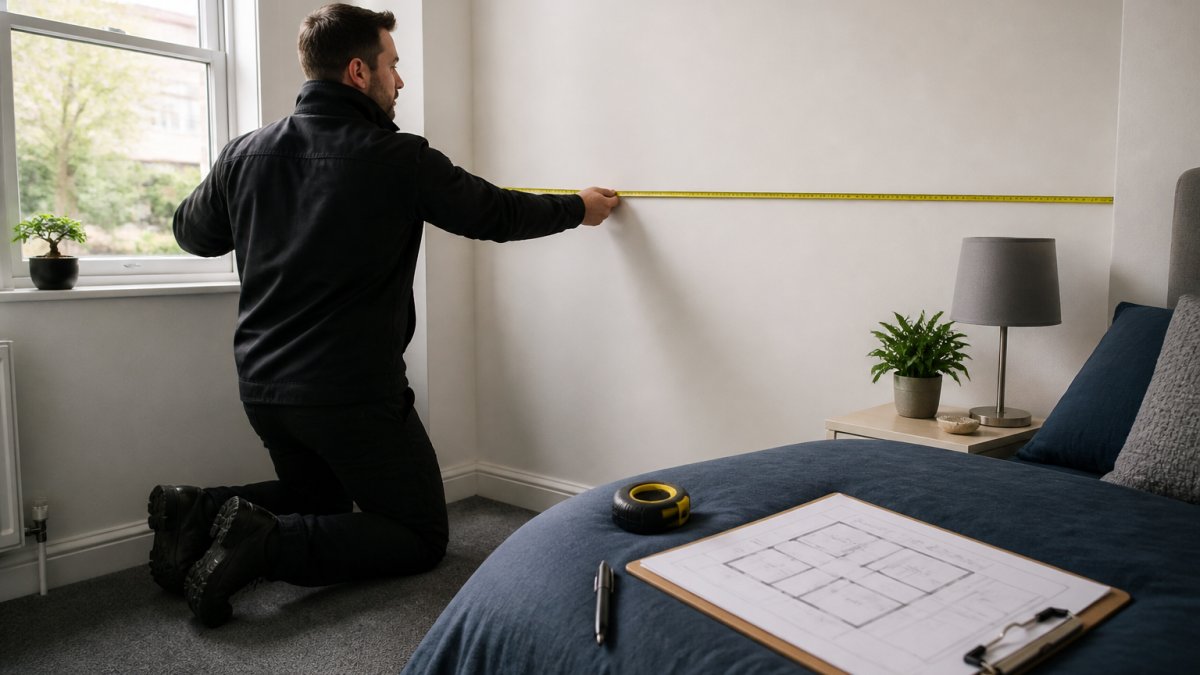 A surveyor in a furnished HMO bedroom kneeling with a tape measure stretched wall to wall at waist height, clipboard and floor plan resting on the bed, daylight through a sash window