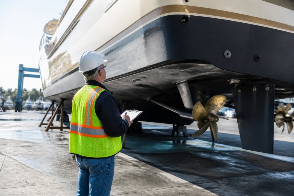 A marine surveyor in a safety vest inspecting the hull and mechanical systems of a large yacht hauled out of the water at a boatyard, clipboard in hand