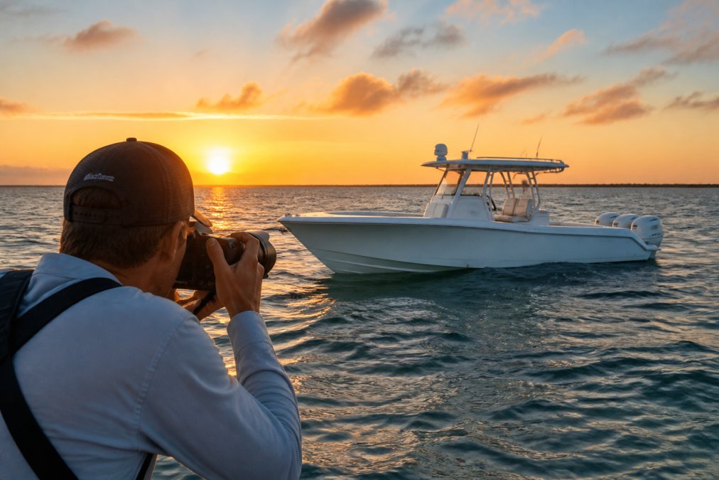 Professional marine photographer capturing high-quality images of luxury center console yacht on water at golden hour, showing proper lighting, vessel detail, and offshore environment