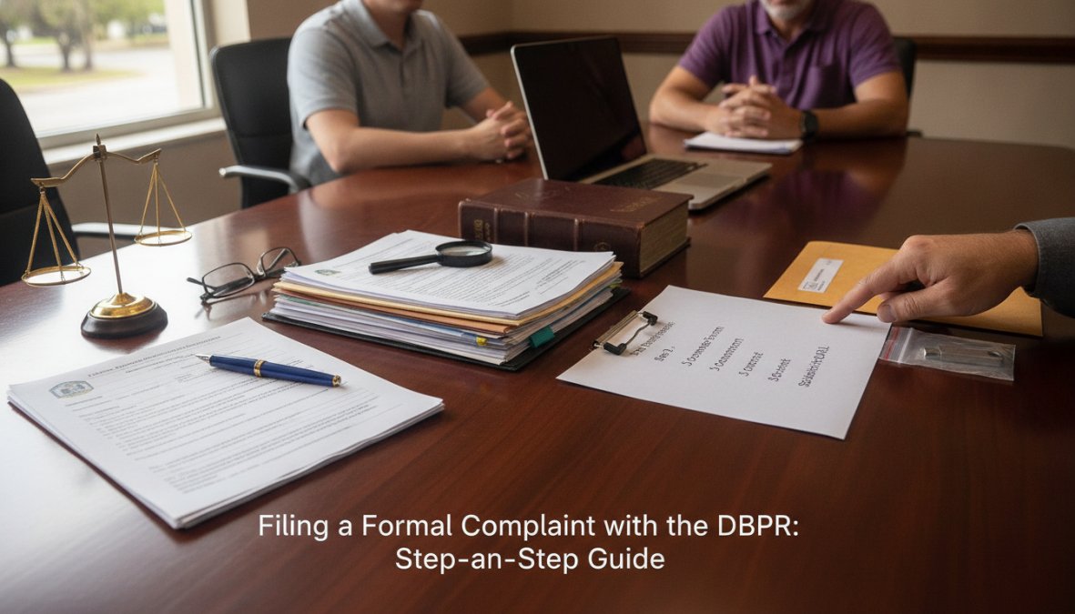 A professional attorney in a modern Coral Springs office reviewing complaint paperwork with a client seated across a desk, both examining documents under bright overhead lighting