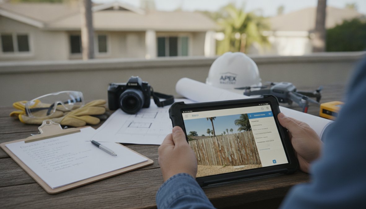 Property manager using mobile inspection app on tablet to photograph property violation and record details, with clipboard and property maintenance notes visible