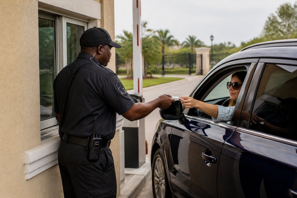 Professional security officer in uniform at gated community gatehouse checking resident identification and managing vehicle entry during daytime hours