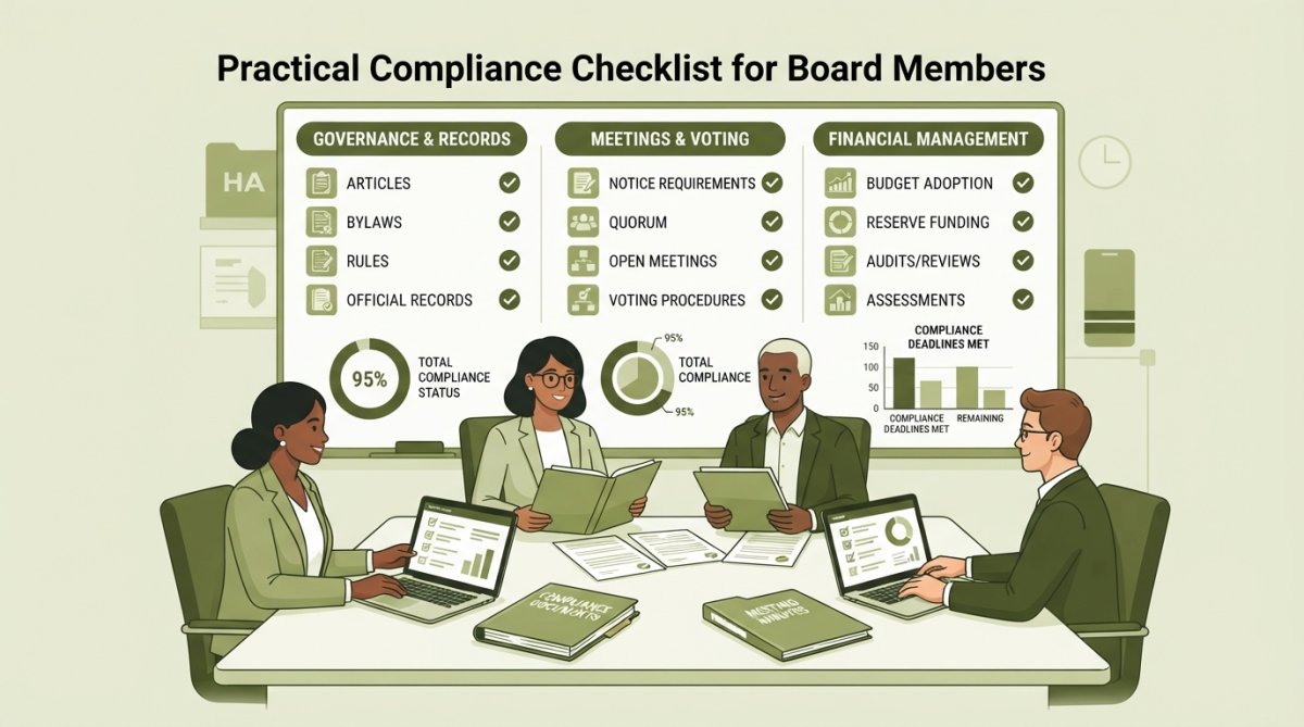Professional illustration showing hoa regulatory compliance