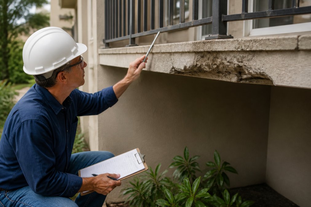 Licensed structural engineer examining residential balcony structure, checking concrete deterioration and railing connections with inspection clipboard and measuring tools visible