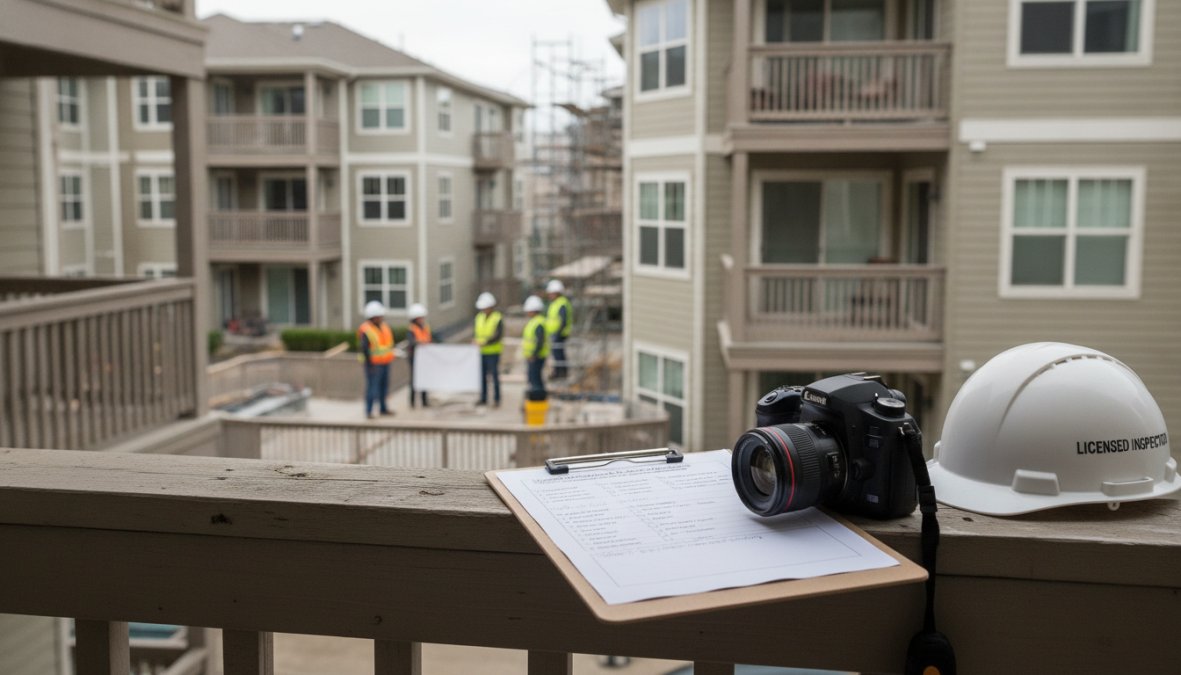 Licensed balcony inspector in safety gear conducting detailed structural examination of a concrete balcony with waterproofing deterioration, photographing findings with clipboard and camera on a sunny day