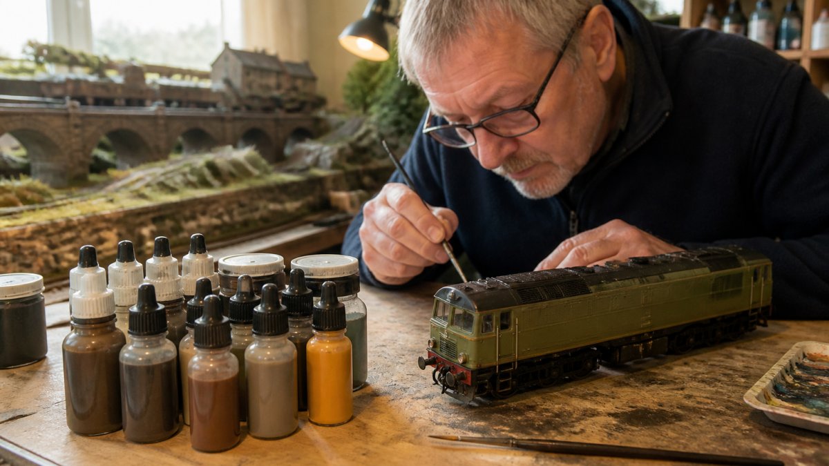 Model train paints and weathering washes arranged on a workbench beside an HO scale locomotive and a fine brush.