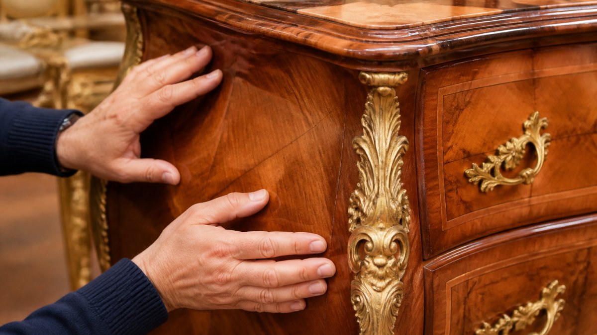 Nahaufnahme von Händen, die die Holzmaserung und Oberflächenfinish eines barocken Möbelstücks untersuchen und dabei feine Details der Holzstruktur und Verbindungen zeigen