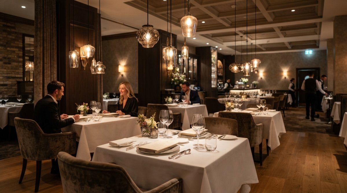 Eleganter Fine-Dining-Restaurantraum mit warmweißer Pendelbeleuchtung über den Tischen, gedimmtem Licht, luxuriöser Atmosphäre und sichtbaren Gästen beim Essen
