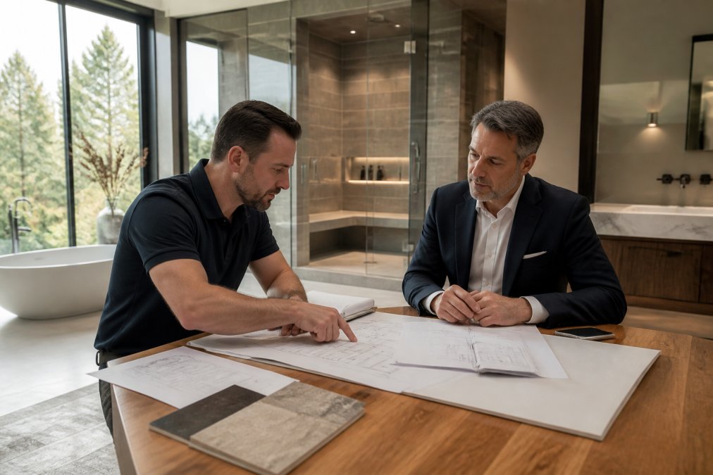 Fachplaner und Hotelmanager besprechen technische Pläne und 3D-Visualisierungen einer modernen Dampfbadanlage in einem eleganten Badezimmer mit Naturlicht