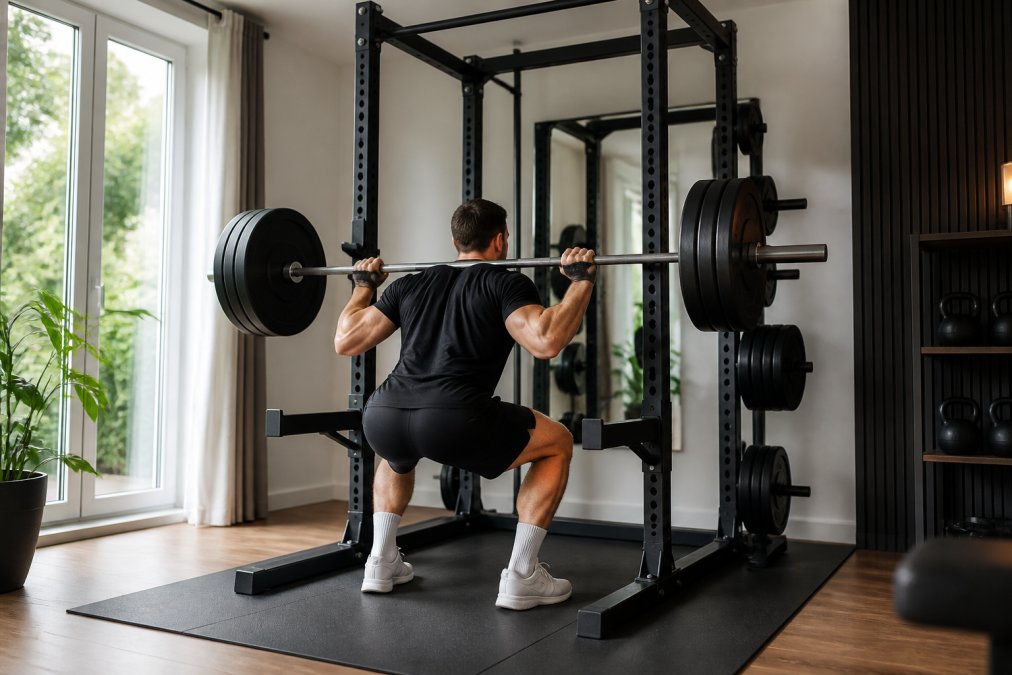 Mann beim Kniebeugen mit Langhantel im Power Rack als hochwertige Heimfitnessgeräte für den Muskelaufbau
