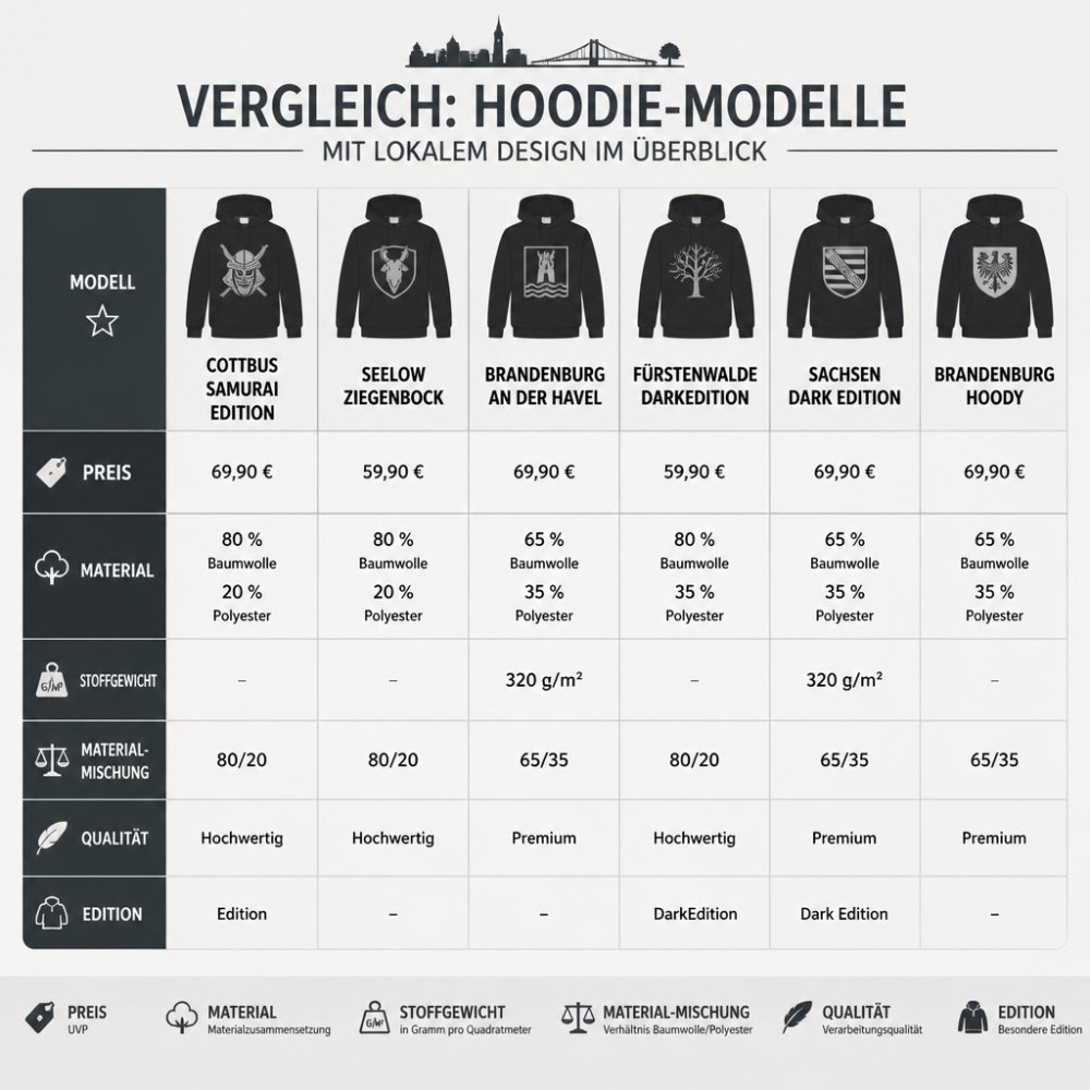 Vergleichsmatrix der Hoodie-Modelle: Cottbus Samurai Edition (69,90 €, 80 % Baumwolle/20 % Polyester), Seelow Ziegenbock (59,90 €, 80 % Baumwolle/20 % Polyester), Brandenburg an der Havel (69,90 €, 65 % Baumwolle/35 % Polyester, 320 g/m²), Fürstenwalde DarkEdition (59,90 €, 80 % Baumwolle/20 % Polyester), Sachsen Dark Edition (69,90 €, 65 % Baumwolle/35 % Polyester, 320 g/m²), Brandenburg Hoody (69,90 €, 65 % Baumwolle/35 % Polyester)