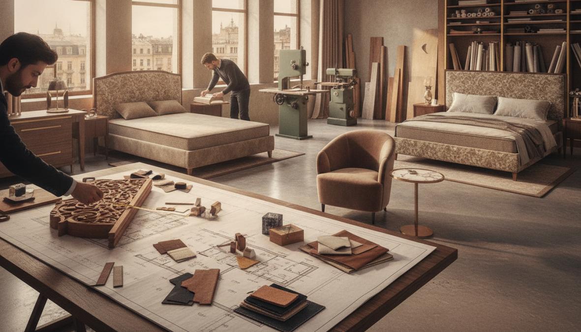 Elegantly furnished luxury hotel suite with baroque-style furniture, marble accents, gold details, and warm ambient lighting in a spacious bedroom