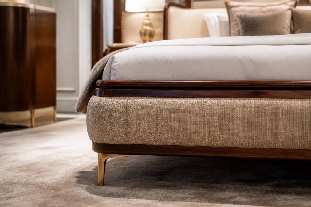Nahaufnahme der Kante eines eleganten Hotelbettrahmens aus Massivholz mit feiner Polsterung und edlem Stoffbezug in einem luxuriösen Ambiente