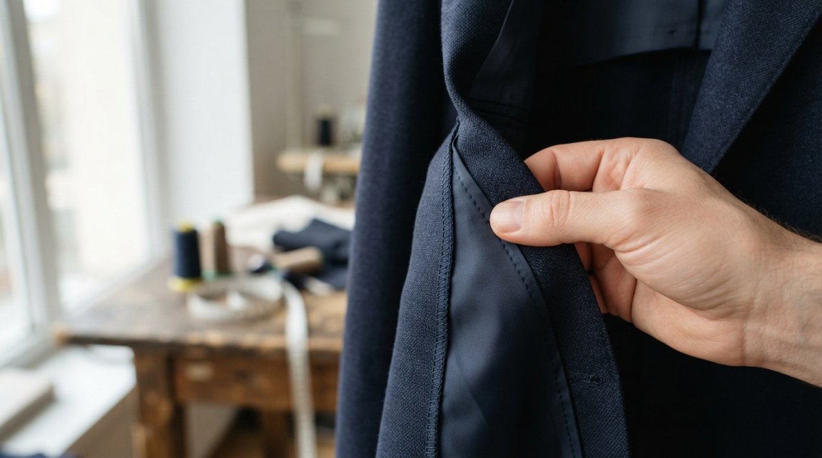 Nahaufnahme einer Hand, die die Innennaht eines Kleidungsstücks zwischen Daumen und Zeigefinger hält, saubere versäuberte Kanten und gleichmäßige Stiche sind deutlich zu erkennen, weiches Tageslicht von einem Fenster