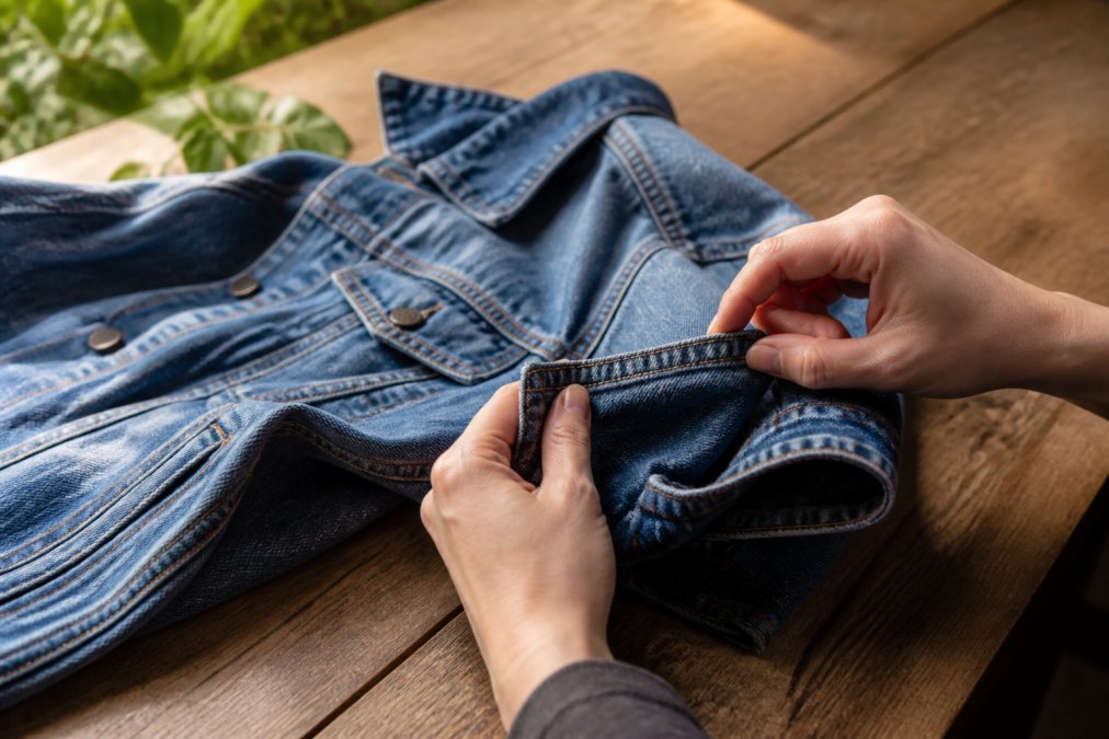 Nahaufnahme von Händen, die die Nahtdetails und Stoffbeschaffenheit einer Vintage-Denim-Jacke auf einem Holztisch bei natürlichem Tageslicht sorgfältig prüfen