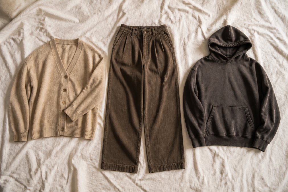 Flach ausgelegte Vintage-Kleidungsstücke auf hellem Leinenstoff: ein Cardigan, eine weite Hose und ein Washed-Hoodie, sauber angeordnet bei weichem natürlichem Licht