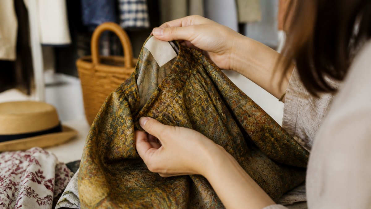 Nahaufnahme von Händen, die ein Vintage-Kleidungsstück untersuchen: Etikett wird geprüft, Stoff wird zwischen den Fingern gefühlt, Nähte werden inspiziert. Helles, natürliches Licht.