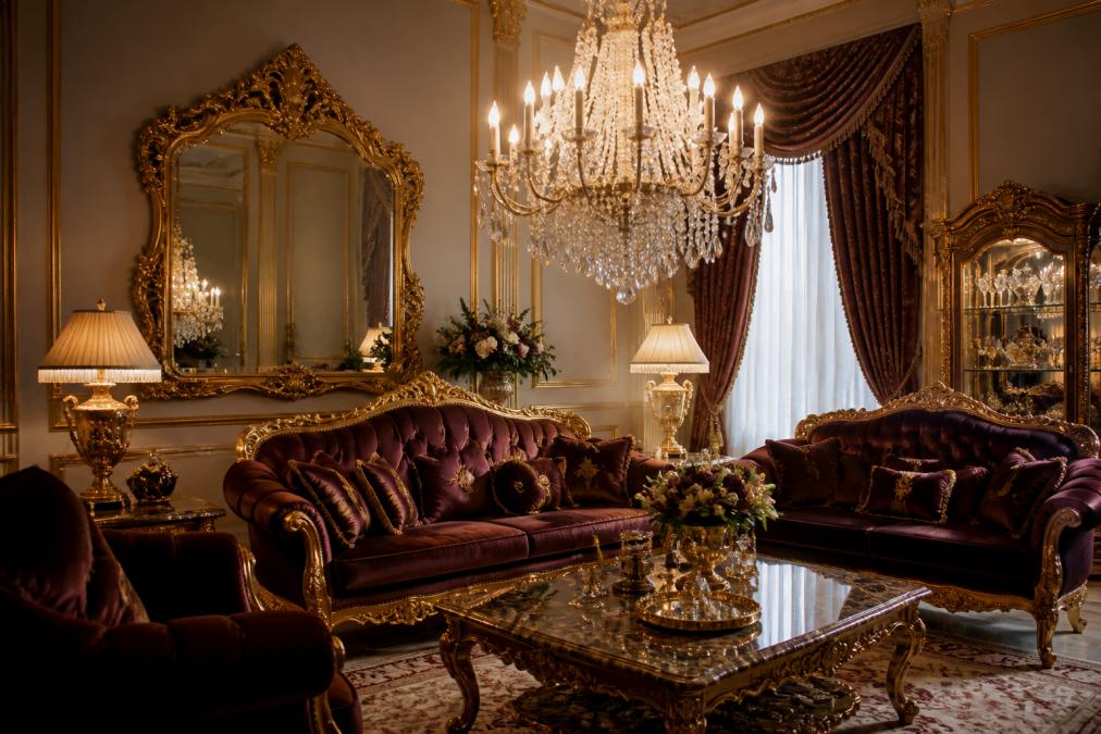 Elegantes Wohnzimmer mit prächtigem Barock Kronleuchter, verziert mit funkelnden Kristallbehängen, in luxuriösem Interieur mit Gold- und Samtakzenten, warmes Licht das die Kristalle zum Glänzen bringt