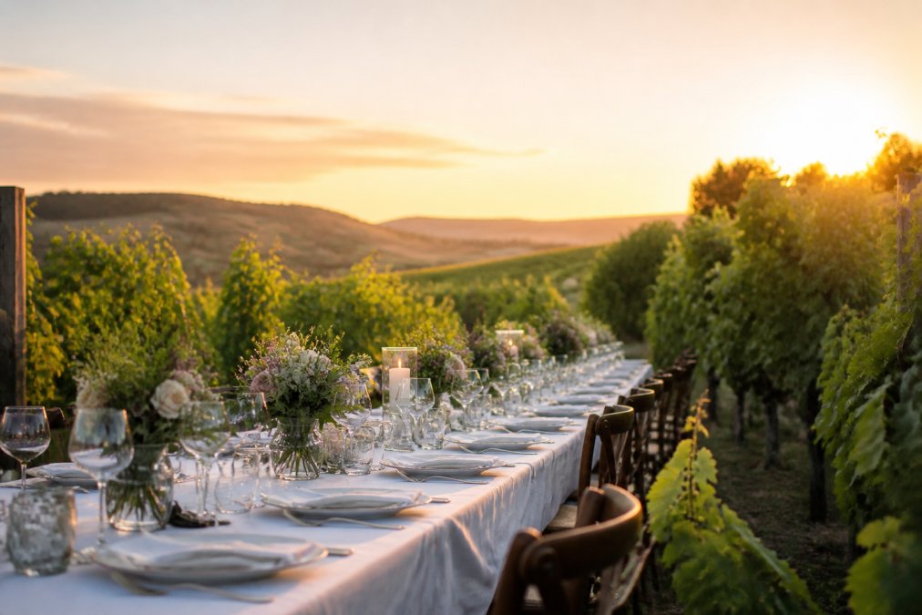 Festlich gedeckte lange Tafel zwischen grünen Weinreben im goldenen Abendlicht, Weingläser und Blumensträuße auf weißer Tischdecke, sanfte Hügel im Hintergrund