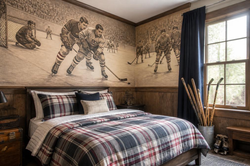 Bedroom corner featuring a vintage hockey team mural on the wall above a bed with coordinating plaid bedding, natural light streaming through a window