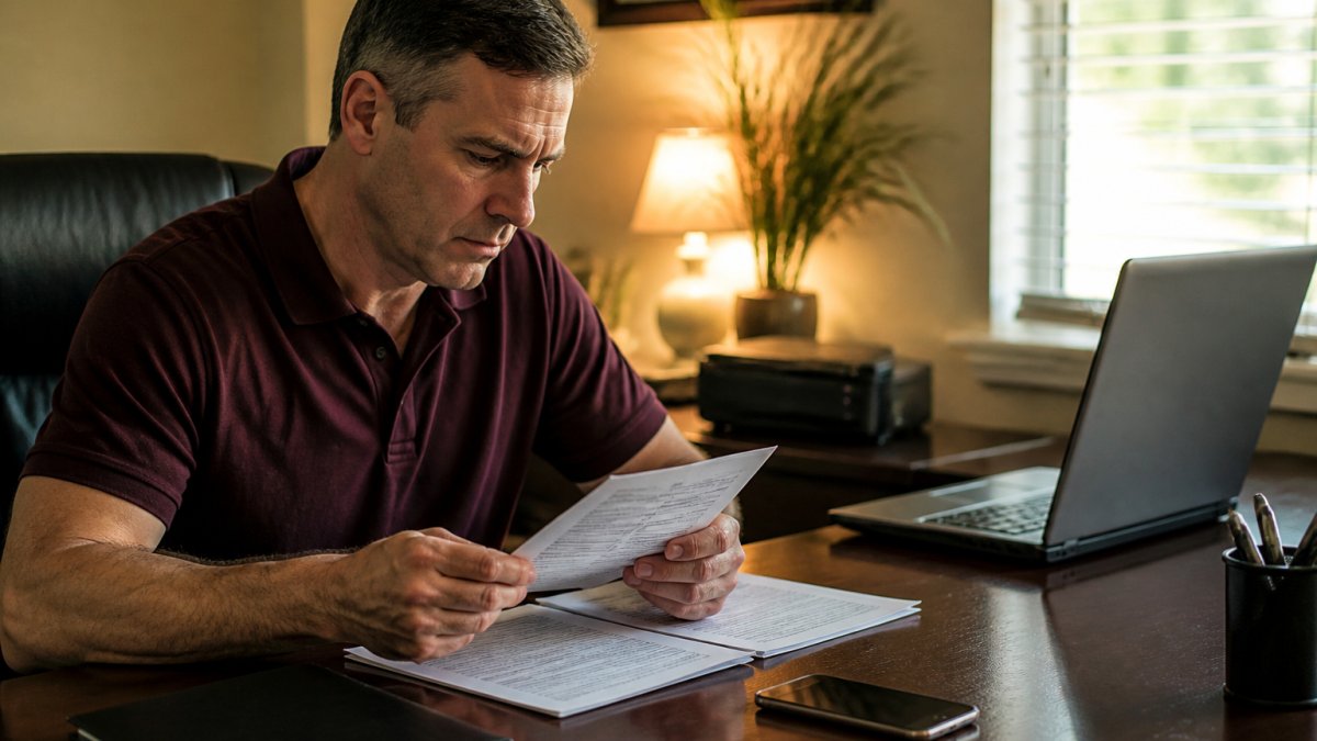 A person reviewing official bail bond documents and a computer screen at a home office desk, phone nearby, focused expression under warm lamp lighting