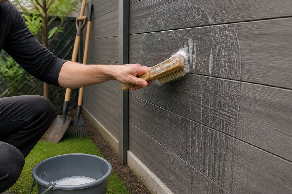 Iemand boent met een zachte borstel een composiet schutting schoonmaken in een sfeervolle Nederlandse tuin.