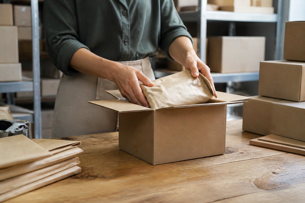 Handen die voorzichtig een product inpakken in onopvallend bruin papier en vervolgens in een effen bruine doos zonder merkering of logo's, in een magazijnomgeving met neutraal licht