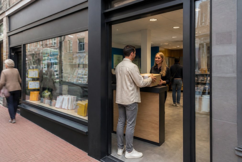 Buitenaanzicht van een PostNL pakketpunt in een winkelstraat met grote ramen, waar een klant discreet een pakket ophaalt bij de balie terwijl andere klanten hun gang gaan