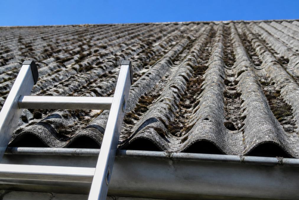 Close-up van een oud dak met grijze, verweerde golfplaten waarop mosgroei zichtbaar is, gefotografeerd vanaf een ladder op een zonnige dag met een blauwe lucht op de achtergrond