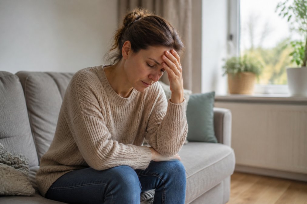 Een uitgeputte vrouw zit op de bank en toont hoe herken je een tekort aan voedingsstoffen door haar vermoeide fysieke