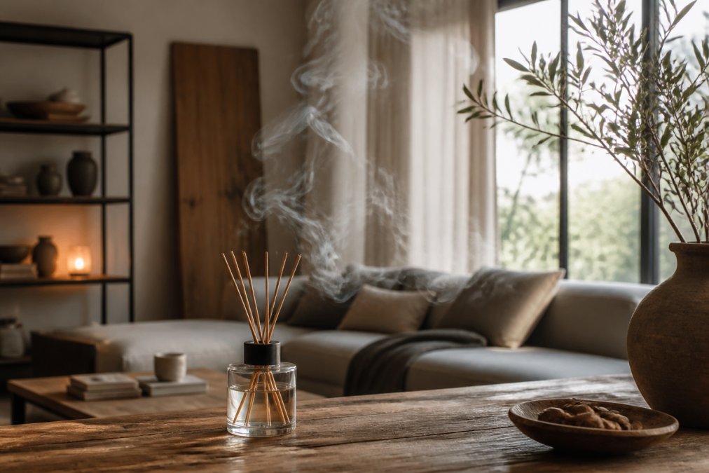 Een stijlvolle woonkamer met natuurlijke materialen, een houten tafel met daarop een glazen geurverspreider en een subtiele nevel die langzaam in de ruimte trekt, zacht daglicht door de ramen