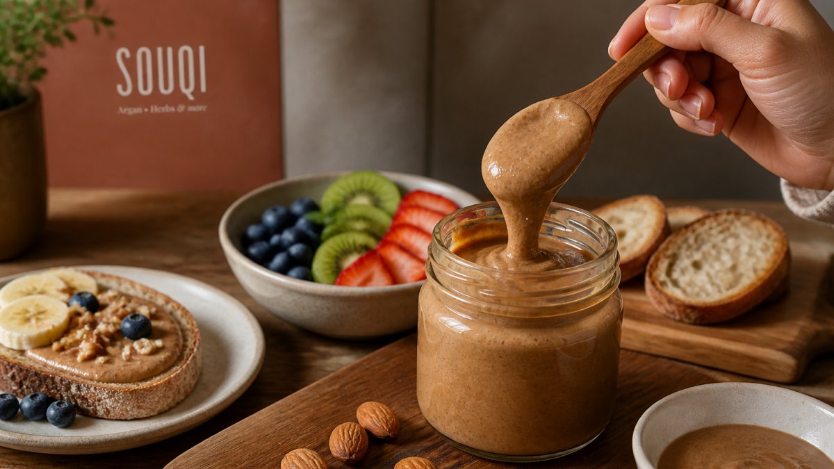 Houten lepel met romige notenpasta boven een glazen pot naast vers brood en fruit op een houten tafel