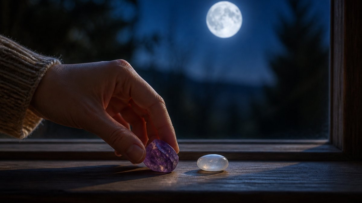 Hand legt een amethist en maansteen op een houten vensterbank in het zachte blauwe licht van de volle maan.