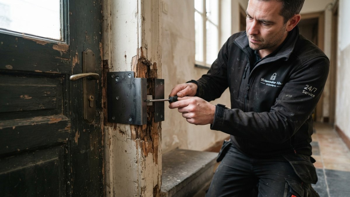 Close-up van een oude houten deurkozijn met zichtbare scheuren en verzwakking, naast detail van stalen versterkingsbeslag dat wordt aangebracht