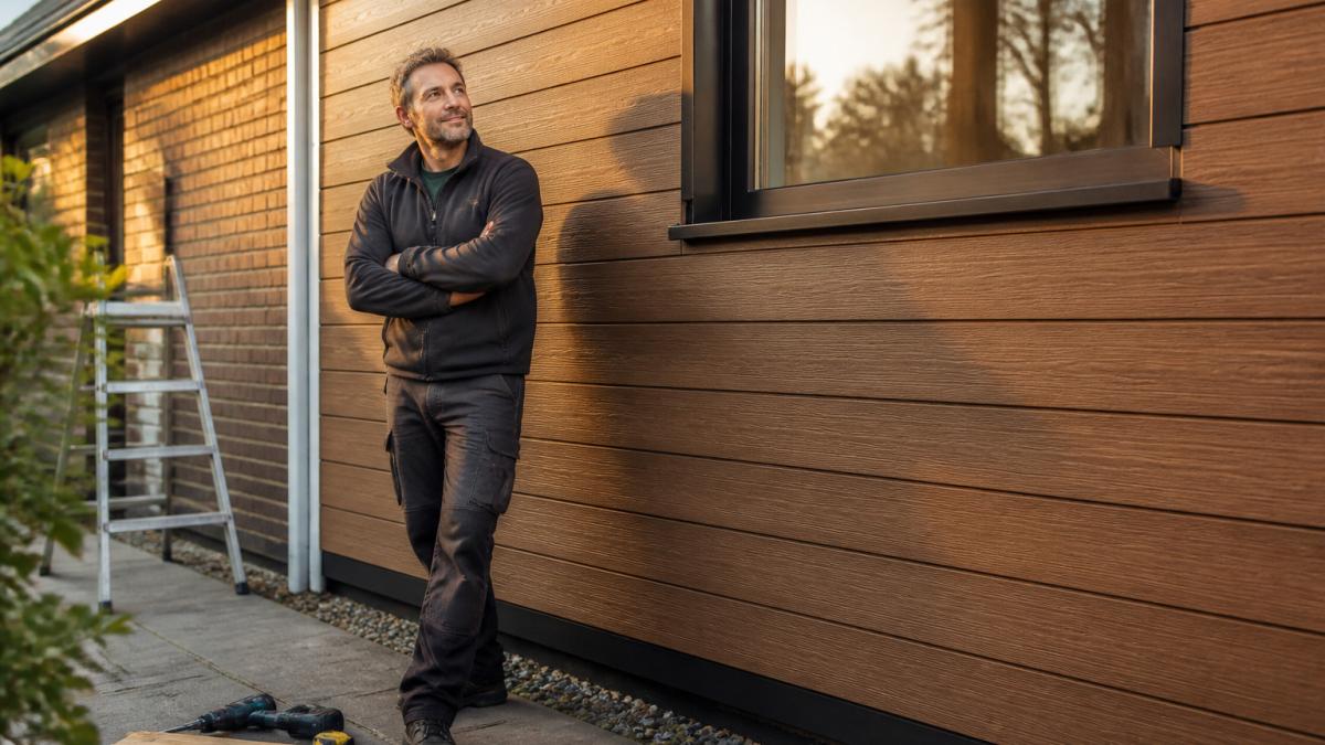 Huiseigenaar staat naast een woning met nieuwe houten gevelbekleding en gereedschap op de grond in het namiddaglicht.