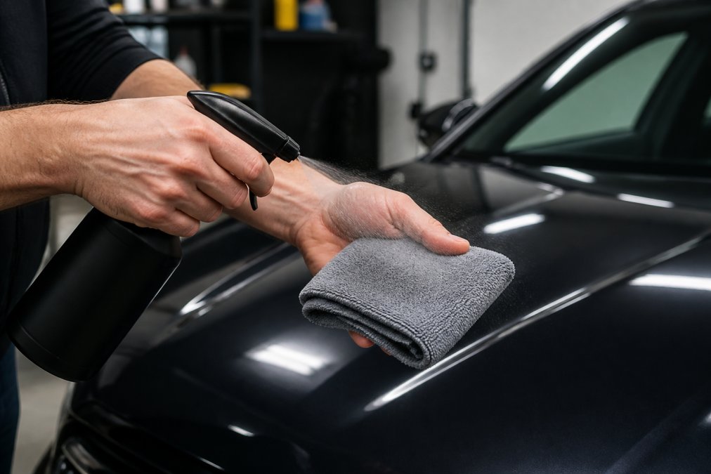 Close-up van handen die een keramische spray sealant op een microvezeldoek spuiten boven een glanzende donkere autolak in een garage
